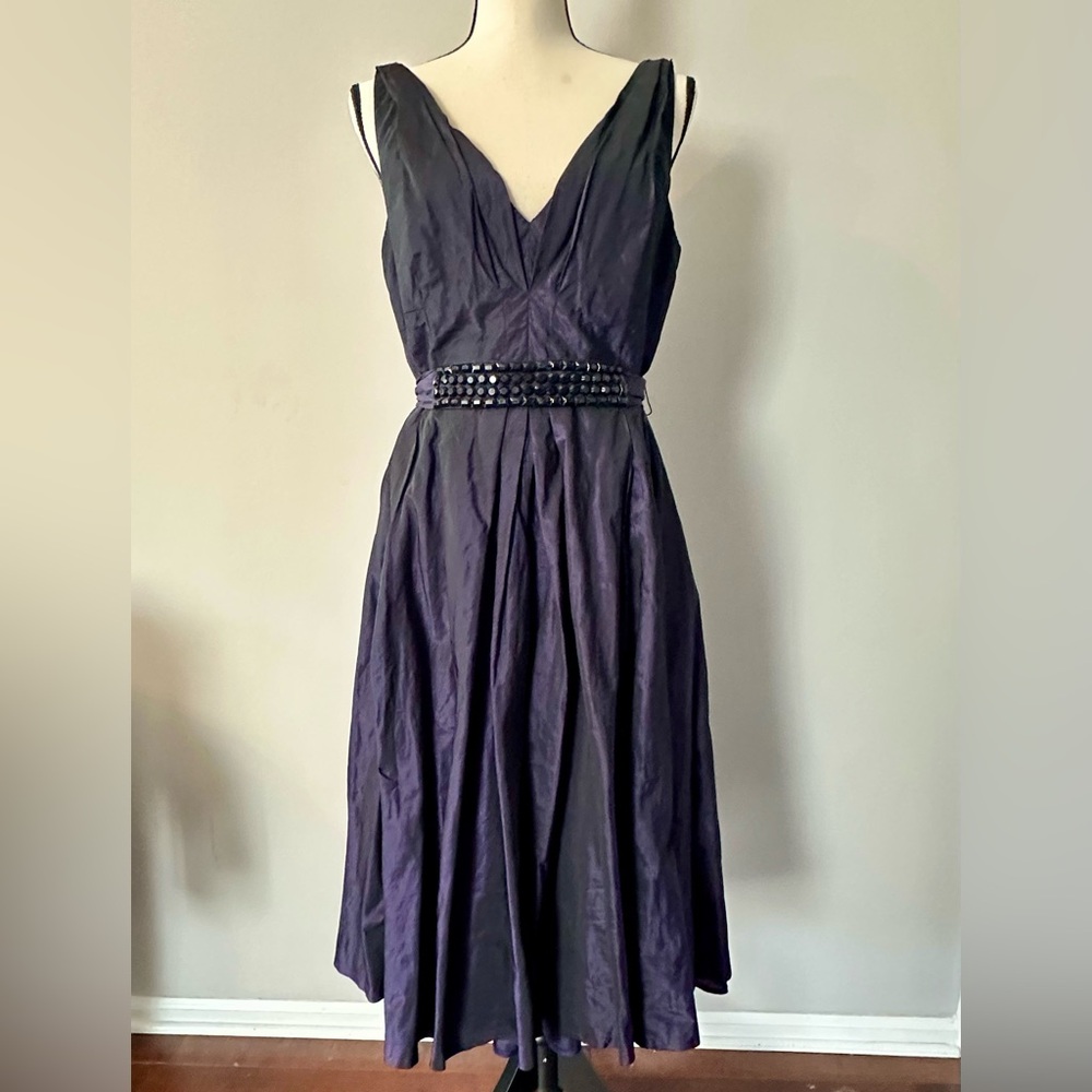 Carmen Marc Valvo Collection Purple Taffeta Dress w/ Beaded Accent Belt Size 12